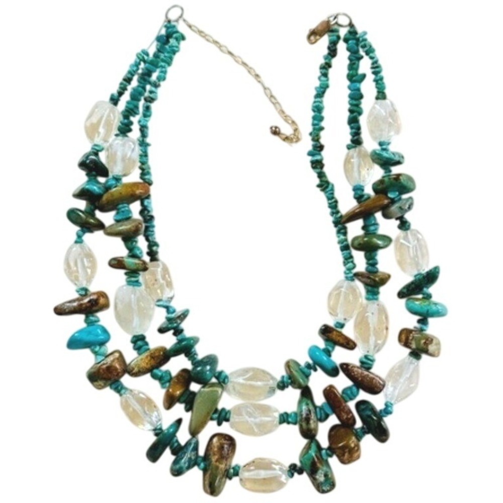 Necklace VTG Natural Turquoise Rock Crystal Quartz Beaded Sterling .925 Bib BOHO